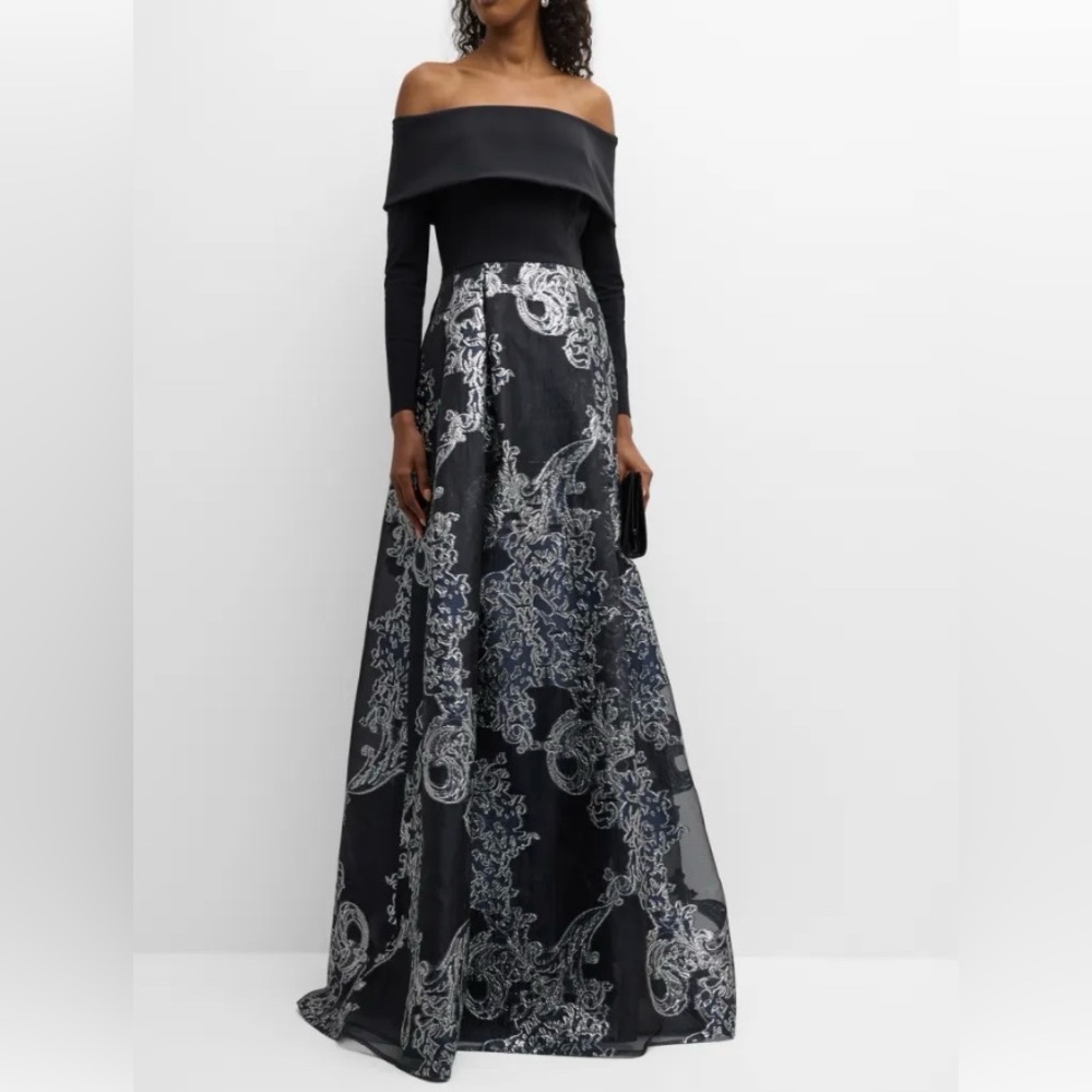 Rickie Freeman for Teri Jon pleated gown, size 6, black/silver embroidery